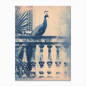 Cyanotype Inspired Peacock Resting On A Handrail 2 Canvas Print