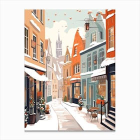 Vintage Winter Travel Illustration Bruges Belgium 3 Canvas Print