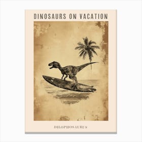 Vintage Dilophosaurus Dinosaur On A Surf Board 3 Poster Canvas Print