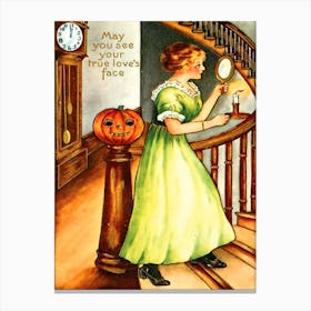 Young Woman With Mirror On Halloween Canvas Print