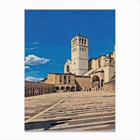 Basilica of Saint Francis Assisi. An artistic view of the Basilica of Saint Francis in Assisi, highlighting its majestic bell tower, intricate arches, and expansive piazza under a clear blue sky. A masterpiece of Gothic and Romanesque architecture, this sacred landmark stands as a symbol of peace and spirituality. Canvas Print