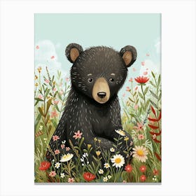 American Black Bear Cub In A Field Of Flowers Storybook Illustration 2 Canvas Print