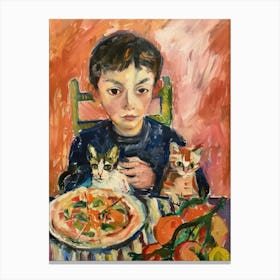 Portrait Of A Boy With Cats Having Pizza 2 Canvas Print