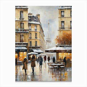 Paris cafes, winter season, Christmas, autumn oil colors, pale colors, pedestrians in the street, winter clothes, falling snow.Christmas decorations.2 1 Canvas Print