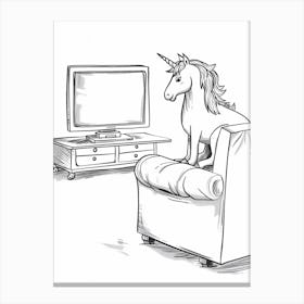 Unicorn Watching Tv Black And White Doodle Canvas Print
