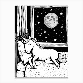 Unicorn Lying In Bed With The Moon Black & White Doodle 2 Canvas Print