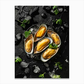 Seafood. Fresh mussels — Food kitchen poster/blackboard, photo art Canvas Print