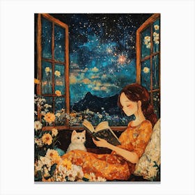 Girl Reading Book with Her Cat 4 Canvas Print