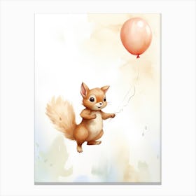 Baby Squirrel Flying With Ballons, Watercolour Nursery Art 4 Canvas Print