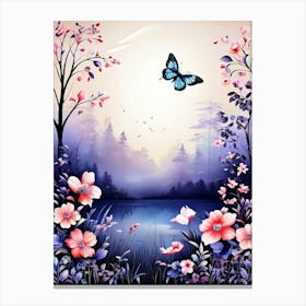 Butterfly And Flowers Wallpaper, A Butterfly Toned Design With Flowers And Leaves Trees And Birds A Beautiful And Simple Picture Wall art 1 Canvas Print