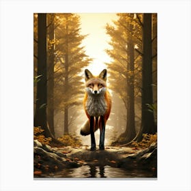 Fox Walking Through A Forest Realism Illustration 2 Canvas Print