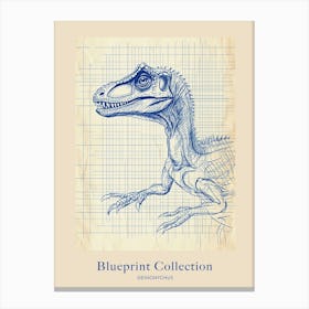 Deinonychus Dinosaur Blue Print Sketch 2 Poster Canvas Print