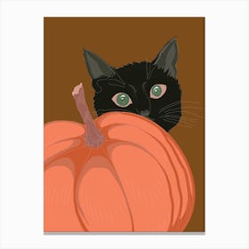 Black Cat Peeking At Pumpkin Canvas Print