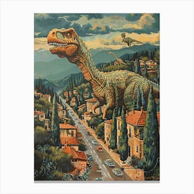 Dinosaurs Roaming In A Mediterranean Village Canvas Print