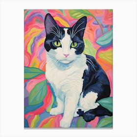 Black And White Cat In Colourful Flower Background Canvas Print