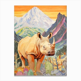 Colourful Patchwork Rhino With Mountain In The Background 3 Canvas Print