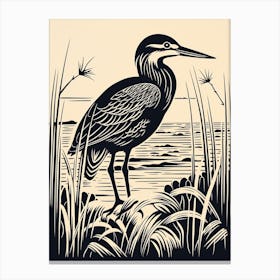 B&W Bird Linocut Green Heron 4 Canvas Print