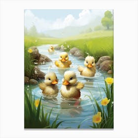 Animated Ducklings Swimming In The River 3 Canvas Print