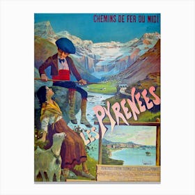 Young Couple On Pyrenees, France, Vintage Travel Poster Canvas Print