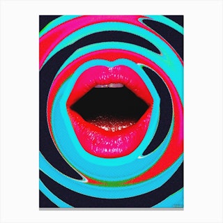 Pink Retro Lips Collage Blue & Black Canvas Print