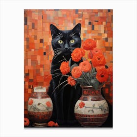 Black Cat With Orange Roses Canvas Print
