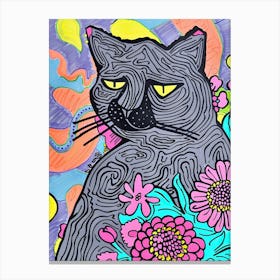 Cute Grey Cat With Flowers Illustration 2 Canvas Print