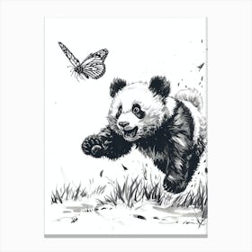 Giant Panda Cub Chasing After A Butterfly Ink Illustration 3 Canvas Print