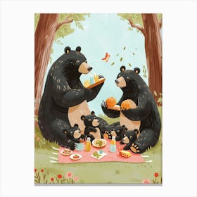 American Black Bear Family Picnicking In The Woods Storybook Illustration 3 Canvas Print