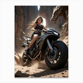 Sexy Girl with big motorcycle chased by dragons Canvas Print