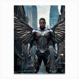 Futuristic Superhero With Steel Wings Displaying A Detailed Realistic Human Face Amidst A Dystopia Canvas Print