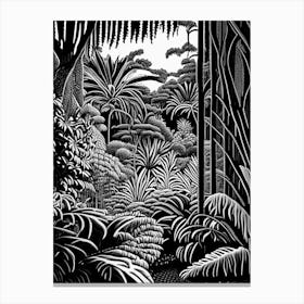 Auckland Domain Wintergardens, 1, New Zealand Linocut Black And White Vintage Canvas Print