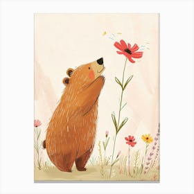 Sloth Bear Sniffing A Flower Storybook Illustration 2 Canvas Print