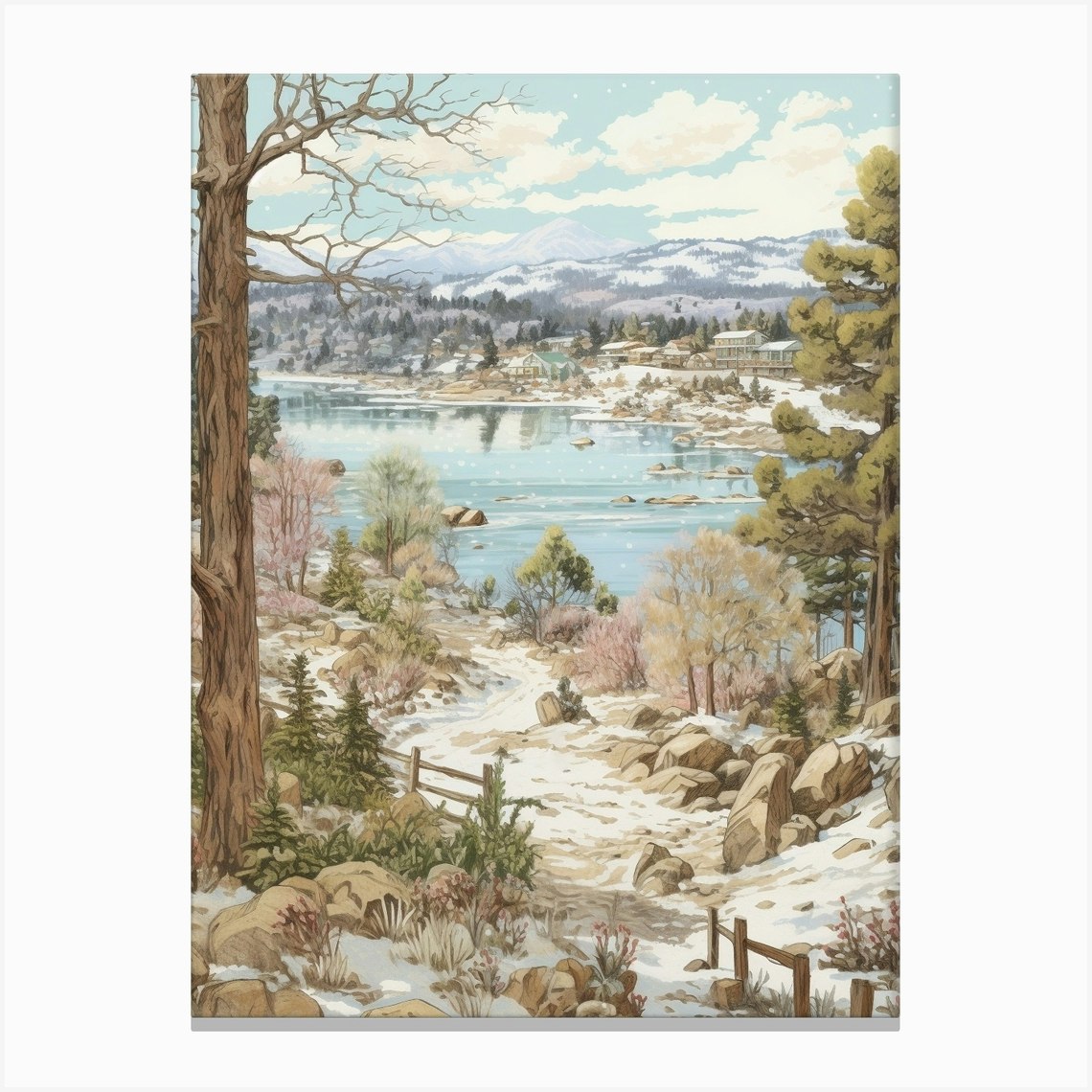 Vintage Winter Illustration Big Bear Lake California 2 Canvas Print by Bon  Hiver Prints - Fy