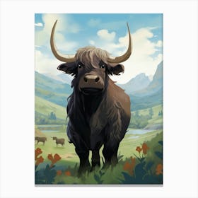 Animated Black Bull In The Highlands Canvas Print