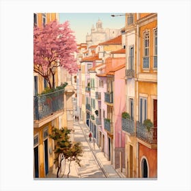 Lisbon Portugal 2 Vintage Pink Travel Illustration Canvas Print