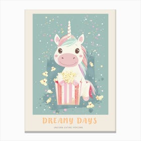 Cute Pastel Unicorn Eating Popcorn Blue Background 3 Poster Canvas Print