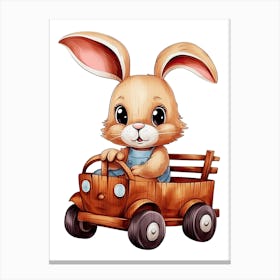 Rabbit Bunny On A Toy Car, Watercolour Nursery 3 Canvas Print