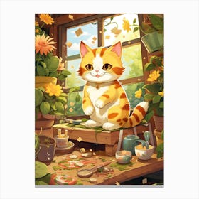 Kawaii Cat Drawings Gardening 3 Canvas Print