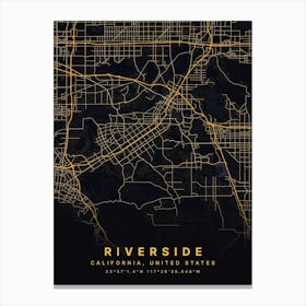 Riverside California USA Black And Gold Map Canvas Print