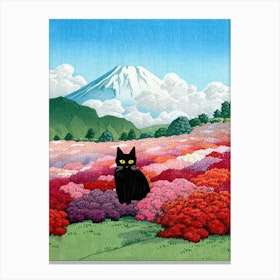 View Of Mount Fuji From An Azalea Garden With A Cat Canvas Print