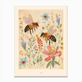 Folksy Floral Animal Drawing Bee 4 Poster Canvas Print