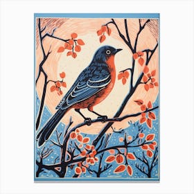 Vintage Bird Linocut Bluebird 3 Canvas Print