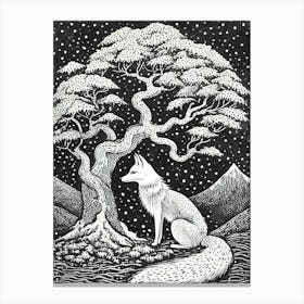 A Mystical Scene Featuring A White Fox Under A Sacred Tree Canvas Print