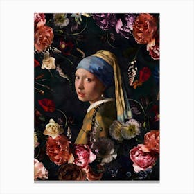 Girl With Pearl Earring And Flowers Canvas Print