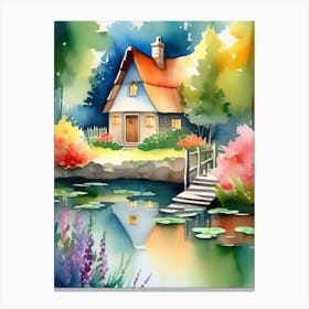 Watercolor House By The Pond Canvas Print