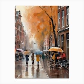 Amsterdam cafes, autumn season, rain, autumn oil colours.Faded colours,People passing on the street, winter clothes, rain umbrellas.3 4 Canvas Print