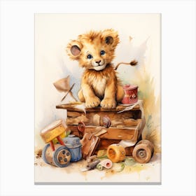 Playing With Wooden Toys Watercolour Lion Art Painting 1 Canvas Print