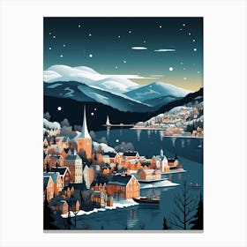 Winter Travel Night Illustration Bergen Norway 1 Canvas Print