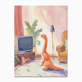Dinosaur In The Living Room With A Tv 1 Canvas Print