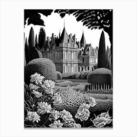Château De Villandry Gardens, 1, France Linocut Black And White Vintage Canvas Print